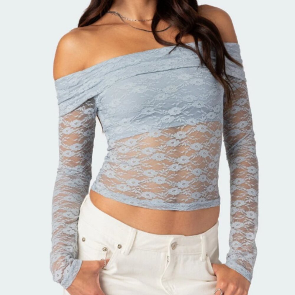 Edikted Elysia Fold Over Sheer Lace Top